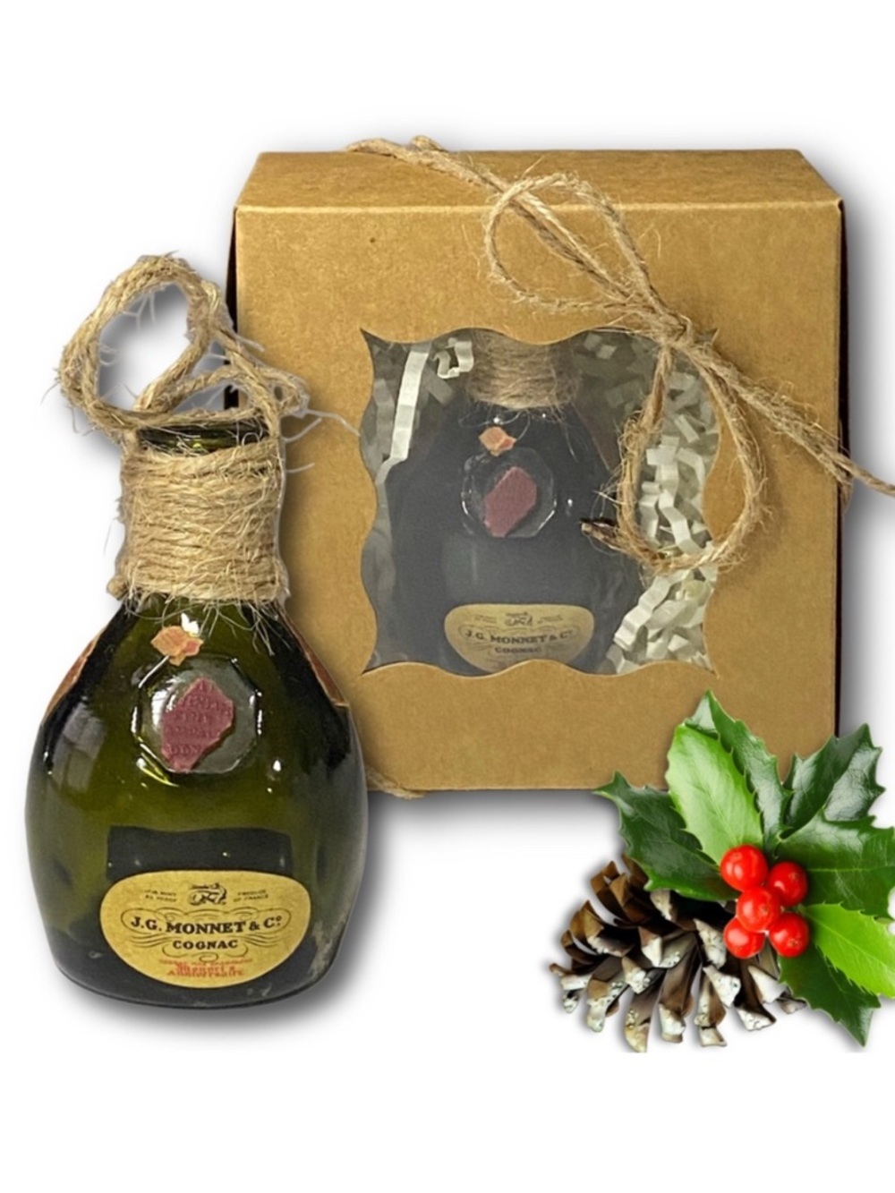 J.G. Monnet & Co. Cognac Artisan Vintage Glass Miniature Bottle Unique Ornament